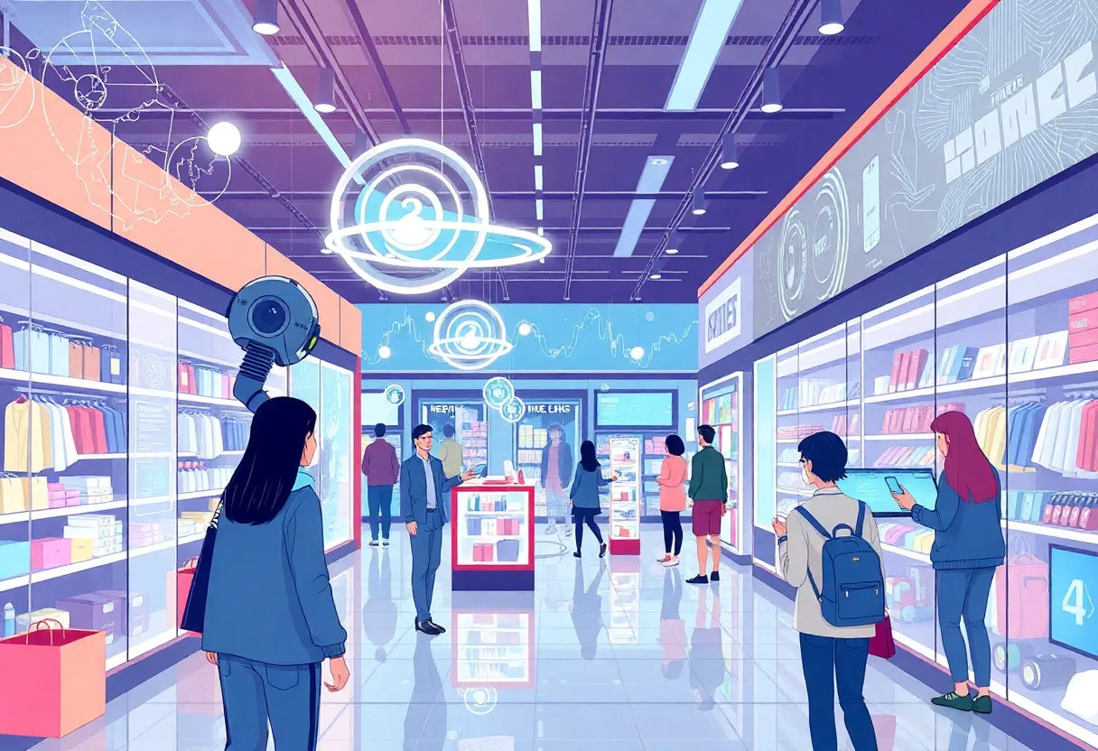 Illustration of e-commerce trends in 2025 with AI technology in retail.