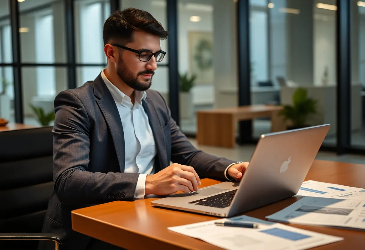Financial advisor using a digital marketing platform on a laptop