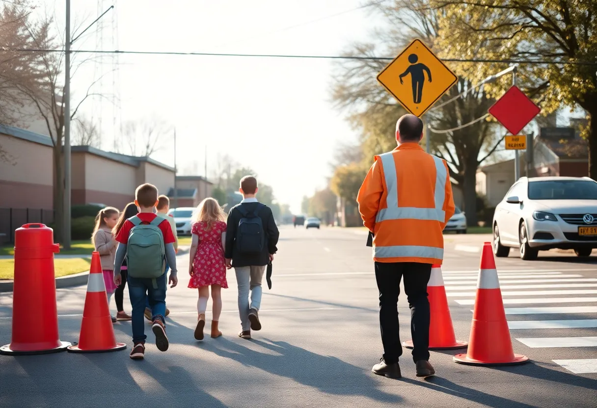 Traffic safety signage and crossing guards in a school zone.