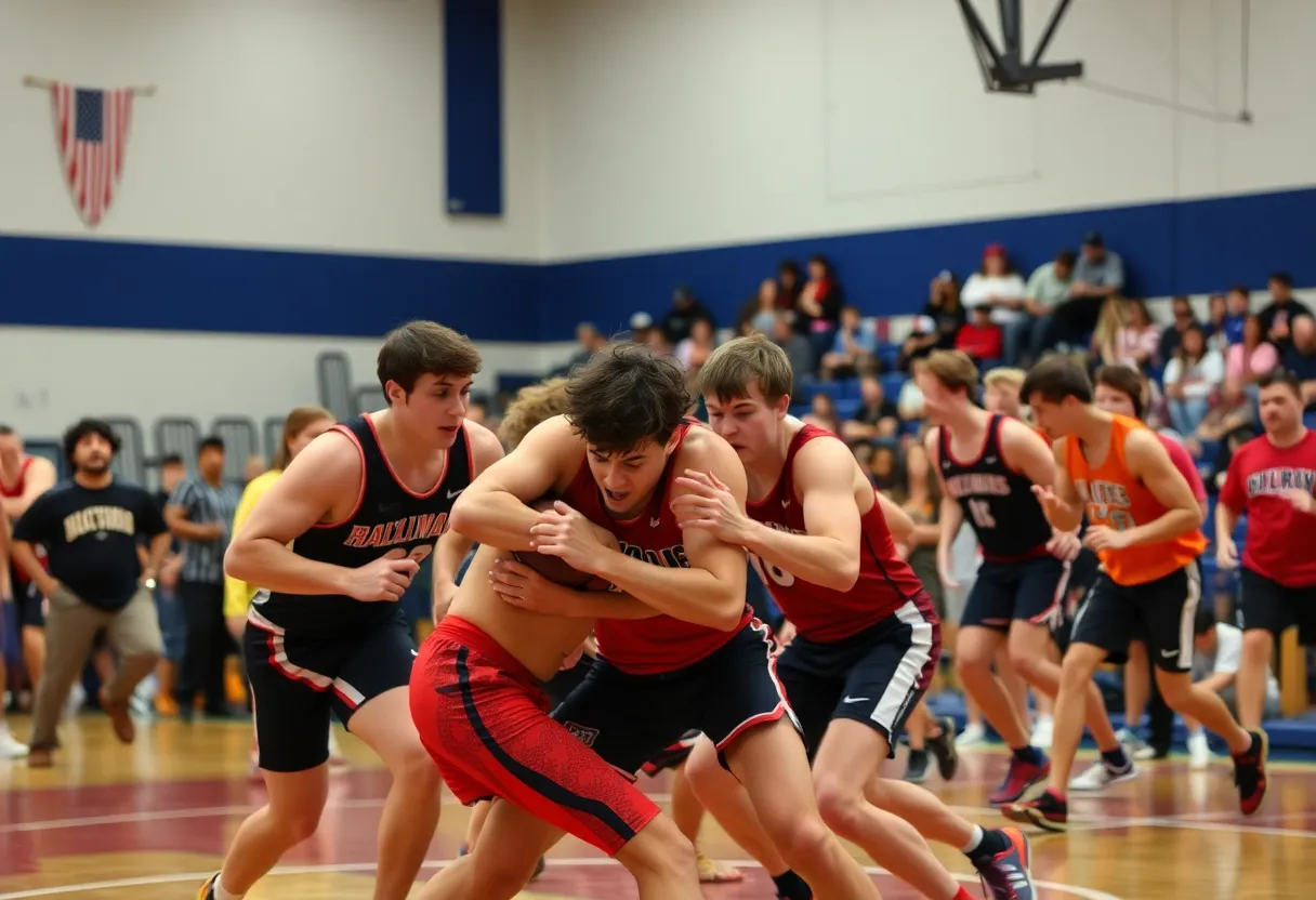 Wrestlers competing in a high school match at Goose Creek