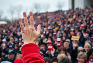 Crowd reacting to a controversial gesture at an inauguration event.