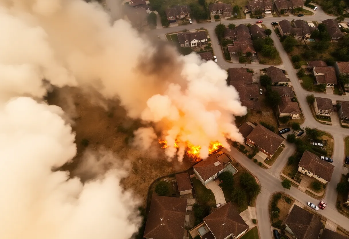 Aerial view of the destruction caused by wildfires in Los Angeles, showing burnt homes and smoke in the air.