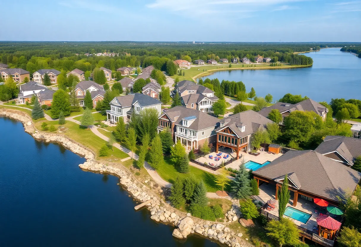 A scenic view of the Lucere at Windell Woods community with modern homes and a lake