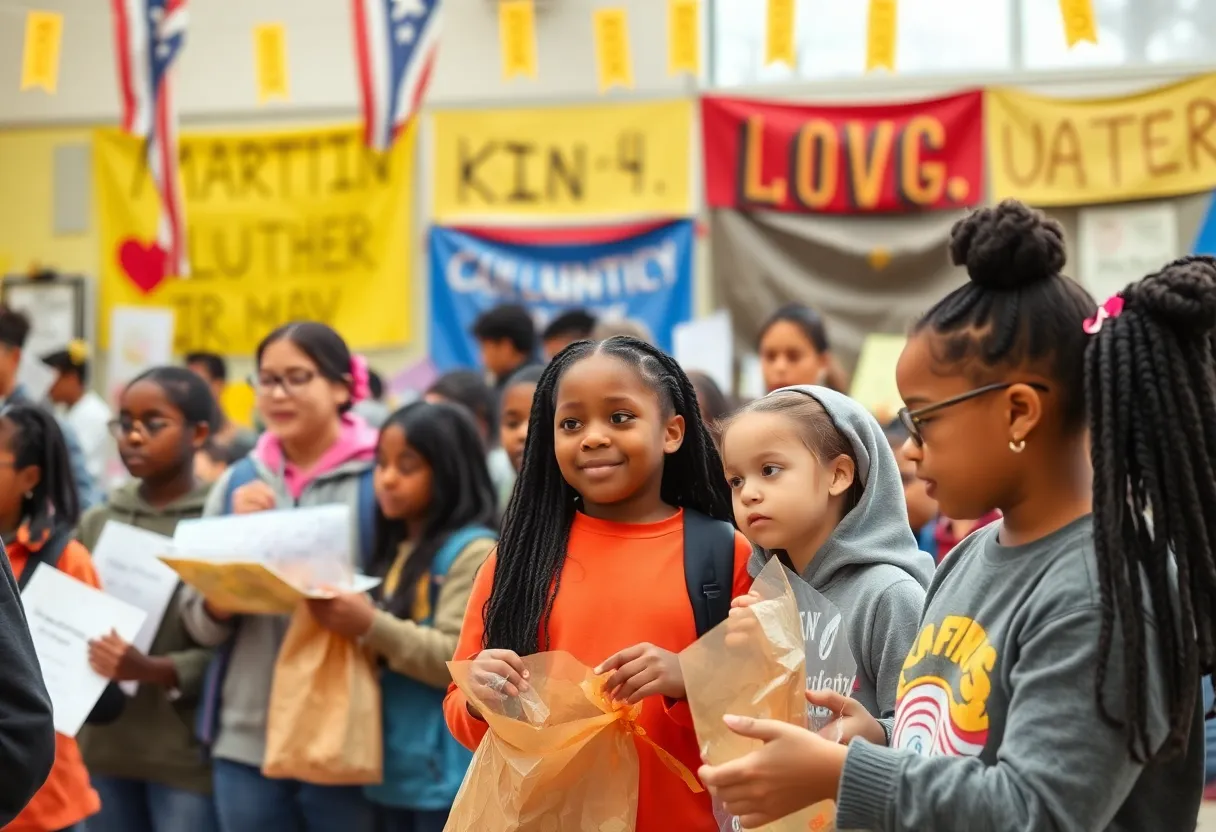 Students participating in community service activities for Martin Luther King Jr. Day