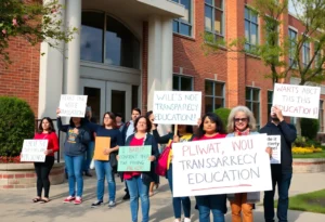 Parents holding signs outside Charlotte Catholic High School