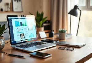 A laptop and digital marketing tools in a cozy workspace