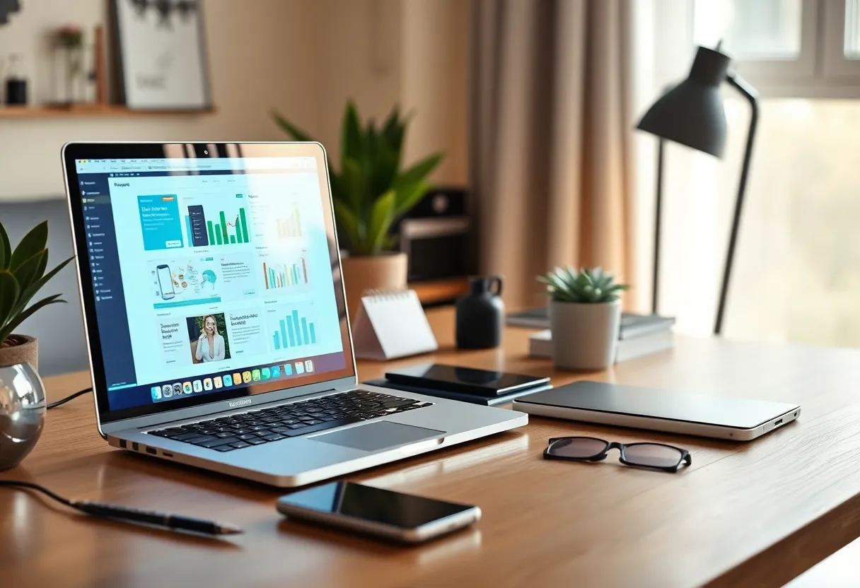 A laptop and digital marketing tools in a cozy workspace