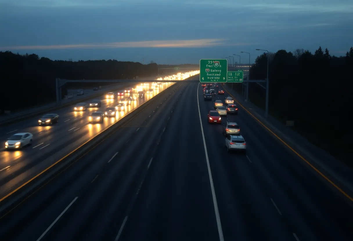 Dawn view of a busy Interstate 77 roadway with vehicles