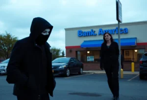 Masked man approaching bank customer in Rock Hill
