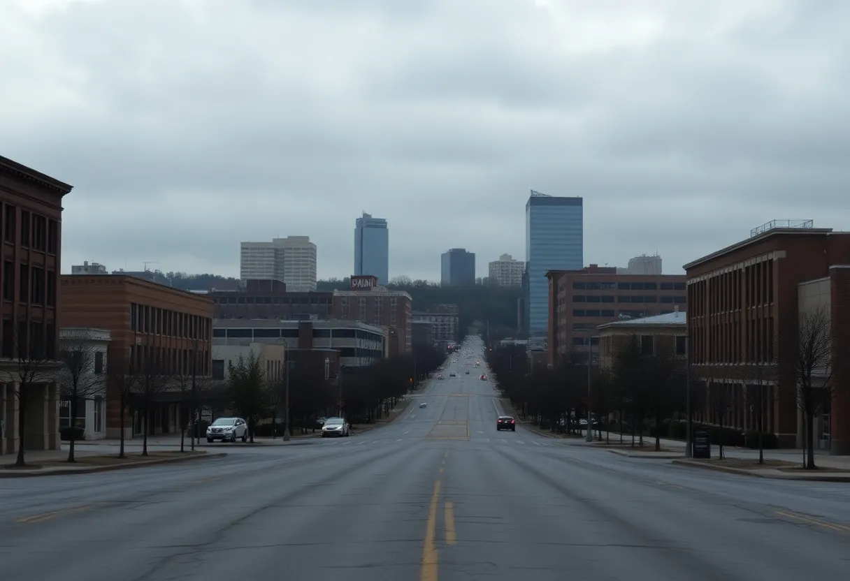 Gloomy cityscape of Rock Hill, SC reflecting economic uncertainties.