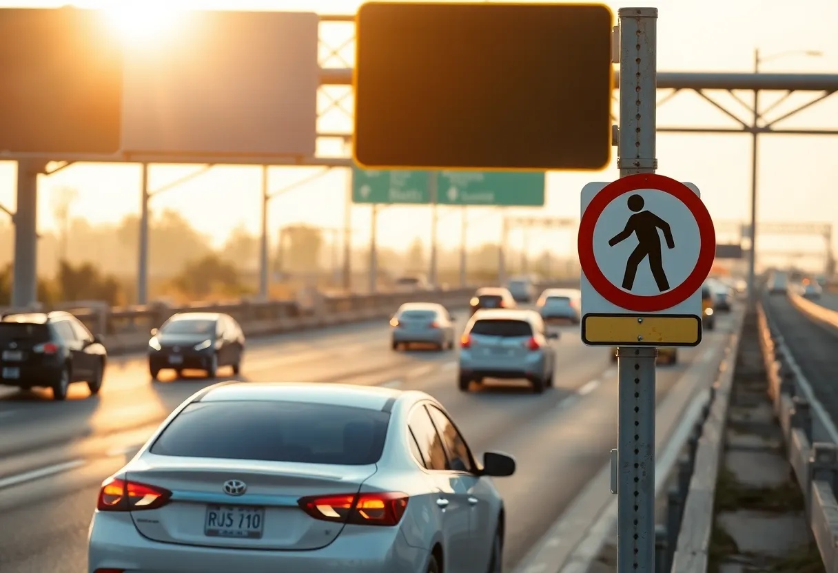 Early morning view of Interstate 77 with traffic, highlighting pedestrian crossing signs