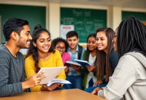 Students in a classroom engaged in learning activities, representing educational leadership.