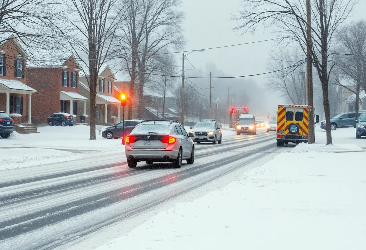 View of snow-covered street in Rock Hill, SC during winter storm
