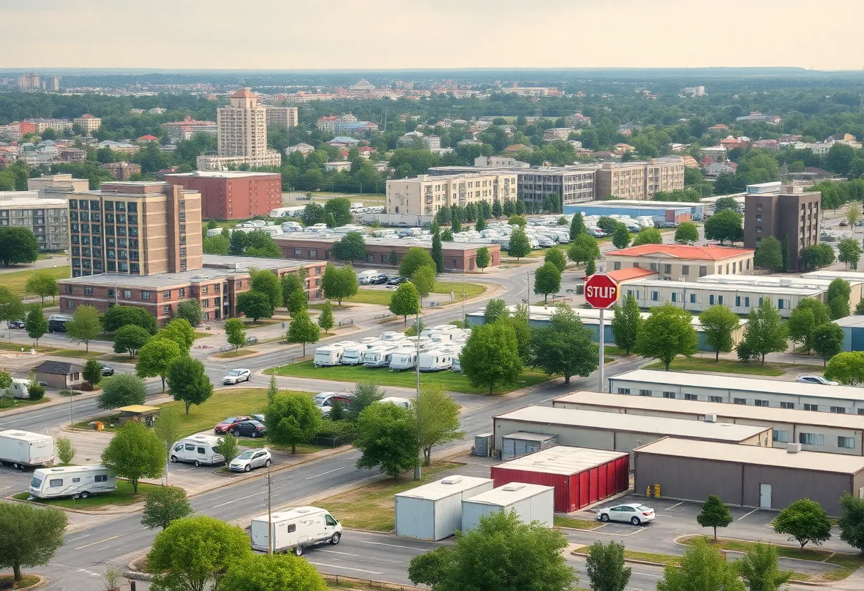 Urban landscape showing hotels and camping areas affected by new zoning regulations in Rock Hill.