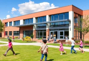 Exterior of Rock Hill School District building with children playing.