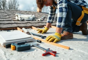 A homeowner working on roof insulation installation wearing safety gear.