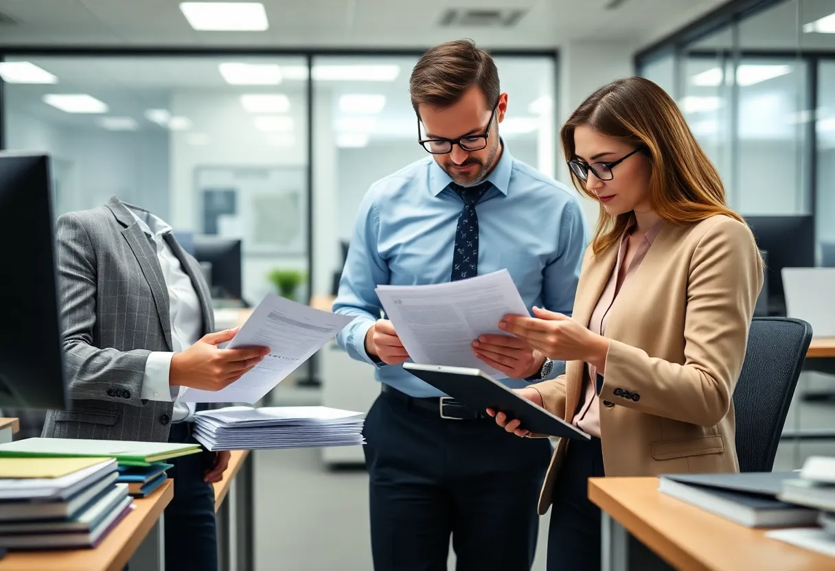 Tax professionals collaborating on e-filing solutions in an office setting.