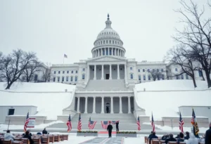 Indoor view of the Trump inauguration ceremony with decorations in the Capitol Rotunda.