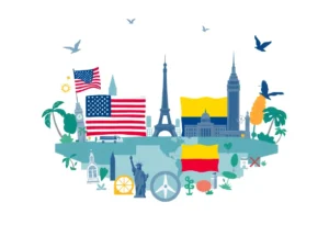 Illustration of the US and Colombia flags representing diplomatic agreement