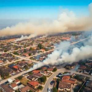Aerial view of wildfires raging across Los Angeles County with surrounding neighborhoods and smoke.