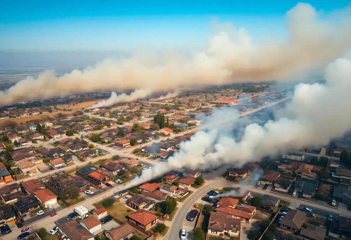 Aerial view of wildfires raging across Los Angeles County with surrounding neighborhoods and smoke.