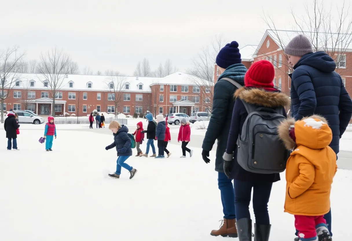 Kids wearing winter gear in a snowy landscape as schools announce delays due to weather.