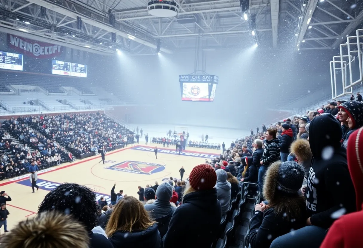 Snow-covered basketball arena with fans in winter attire.