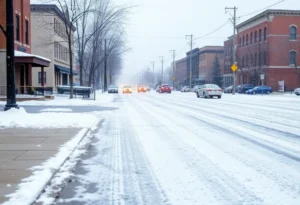 Snow-covered street in Rock Hill during winter storm
