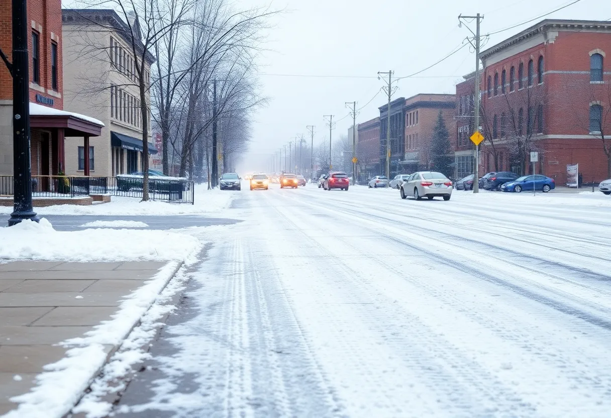 Snow-covered street in Rock Hill during winter storm