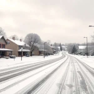 Snow-covered street in Rock Hill SC during winter storm