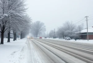 Snow-covered road in Southeast Texas during winter storm