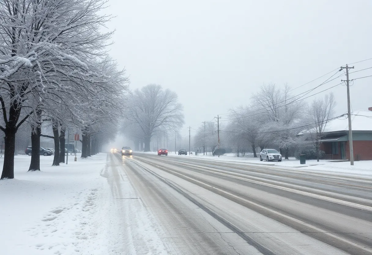 Snow-covered road in Southeast Texas during winter storm