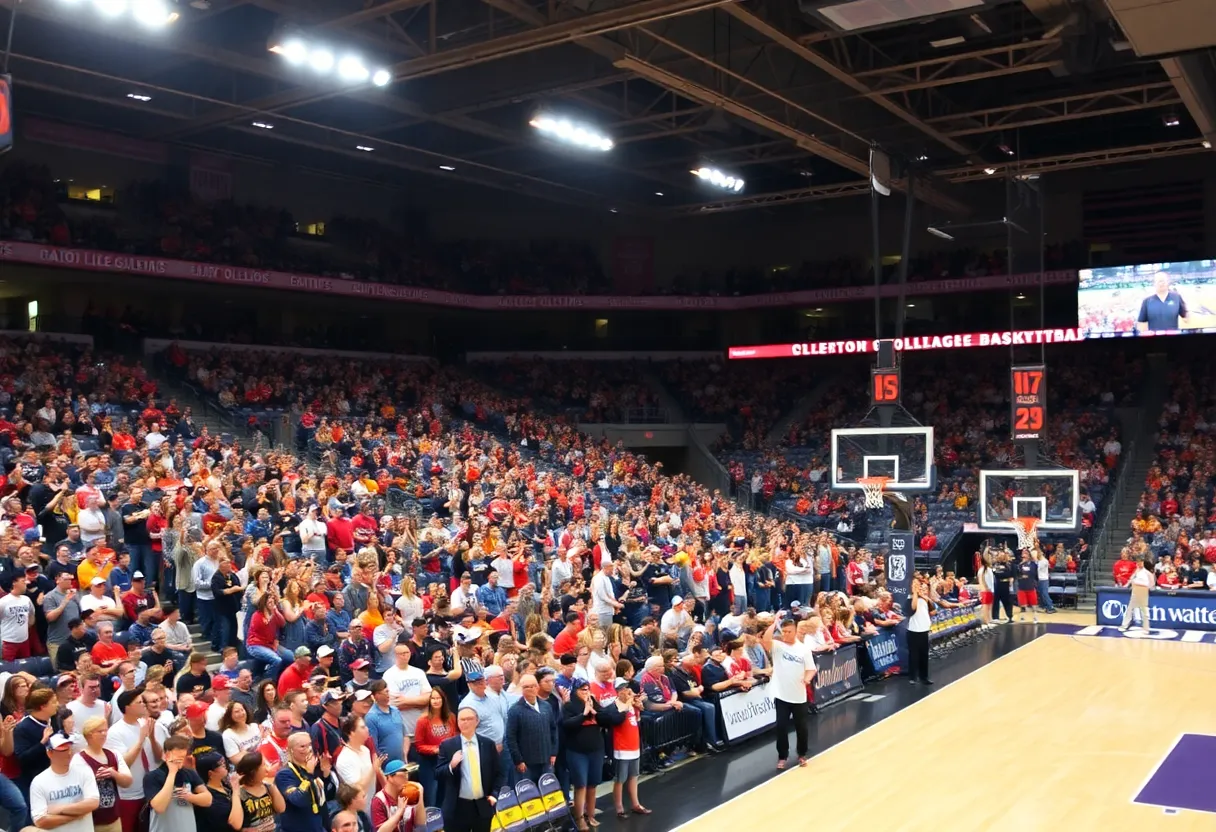 Crowd of fans at a Winthrop University basketball game with banners and team colors.