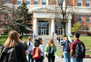 Students discussing program evaluations on Winthrop University campus