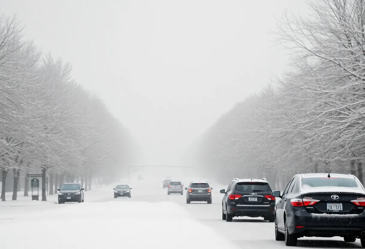 Snow-covered street in York County during winter storm