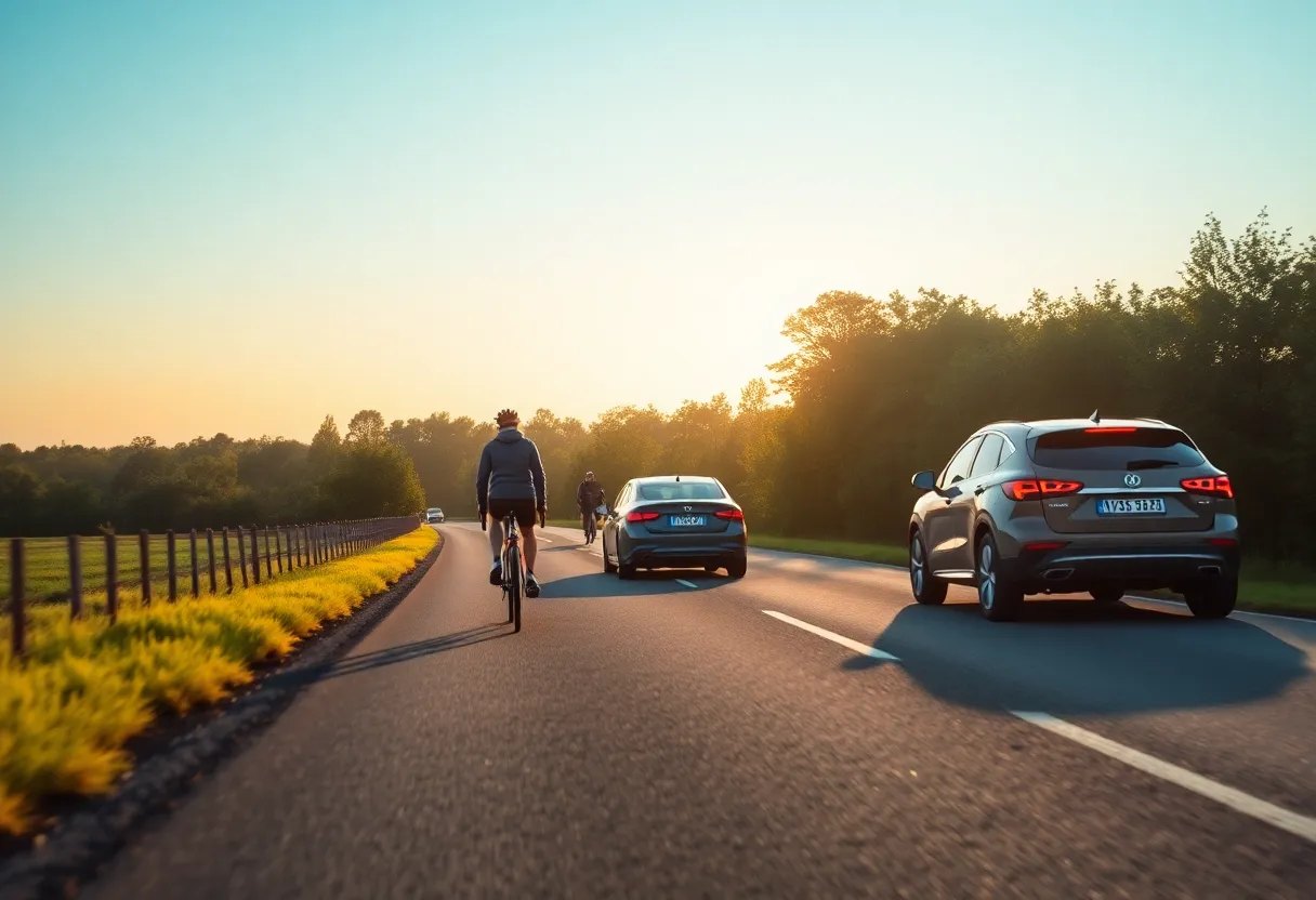 A country road highlighting bicycle and car coexistence for safety