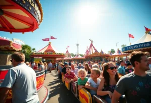 Families enjoying the new rides at Carowinds amusement park.