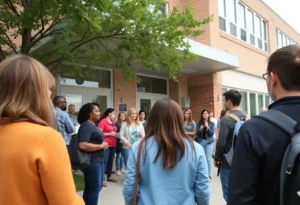 Exterior view of Charlotte Catholic High School with parents and students.