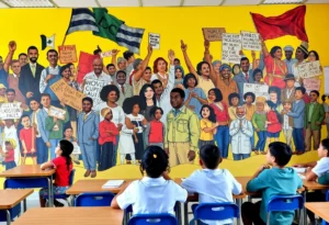 Mural depicting civil rights history in a school setting