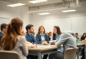 Classroom scene depicting teachers and students engaged in education amidst discussions about classroom recording legislation.