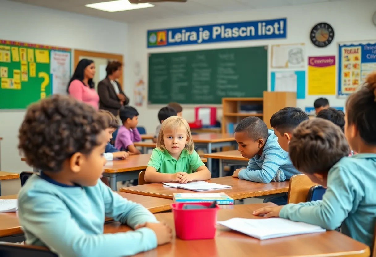 Concerned parents in a classroom advocating for disabled children's safety.