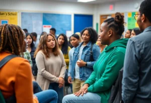 Community members discussing youth violence in a school setting