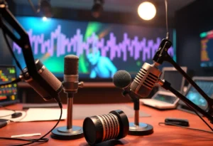 A tribute setup in a radio studio with microphones and sound waves.