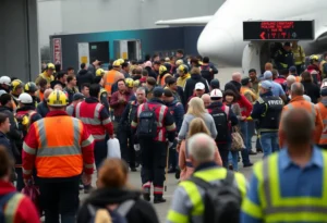 Emergency responders assist passengers after Delta Air Lines Flight 4819 crash-lands at Toronto Airport.