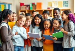 Students and teachers interacting in a school environment, representing community and educational success.