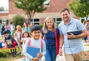 A community scene depicting the Fort Mill School District and new school constructions.