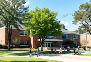 Fort Mill School District building with students outside