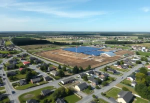 Aerial view of a solar manufacturing plant near residential areas in Fort Mill.