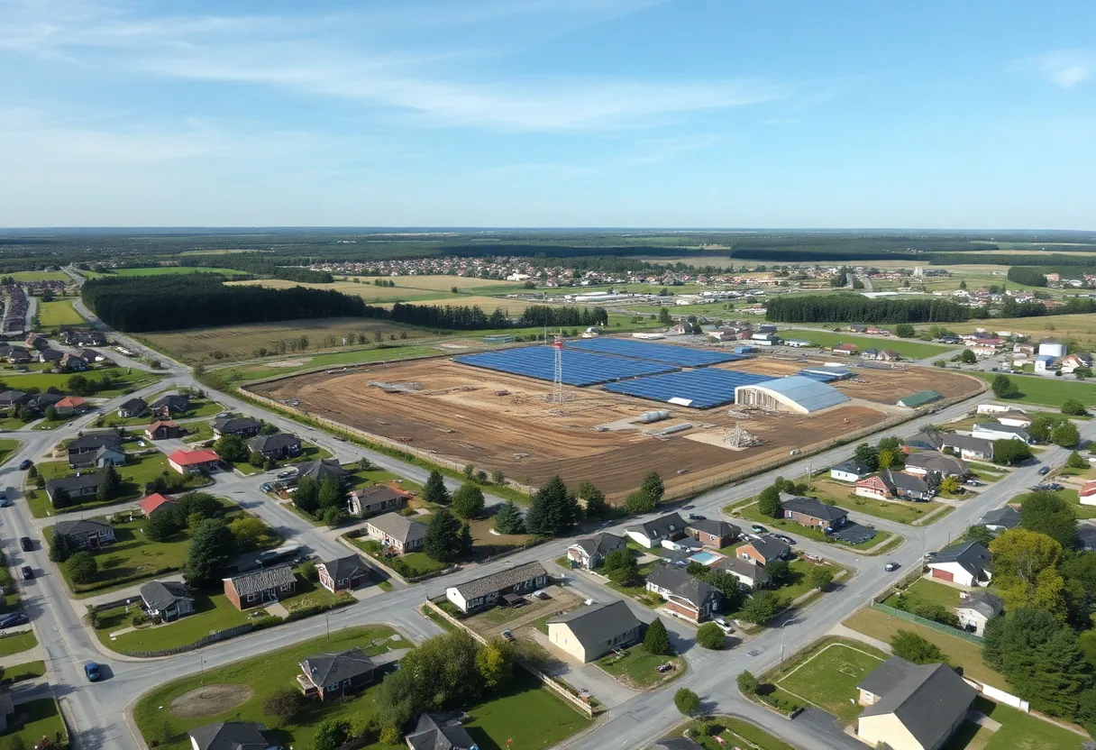 Aerial view of a solar manufacturing plant near residential areas in Fort Mill.