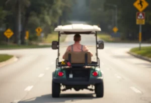 Scene depicting a golf cart on the road with caution signs.